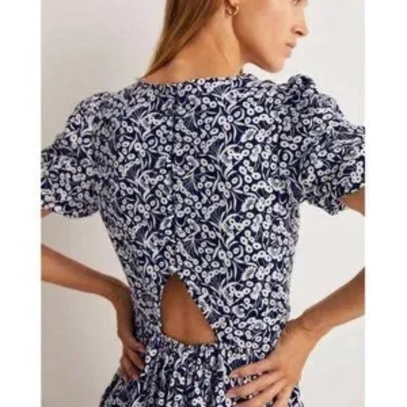 BODEN Back Detail Jersey Puff Sleeve Mini Dress Navy White Floral V-Neck NWT 4 - Picture 2 of 3